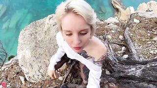 Girl passionately sucks dick on the ocean shore in a steamy scene