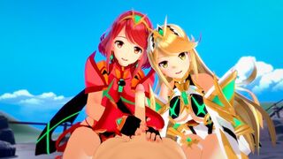 Pyra and Mythra enjoy a threesome sex session in this hot 3D hentai