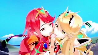 Pyra and Mythra enjoy a threesome sex session in this hot 3D hentai