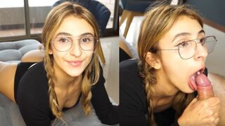 The cute girl gets a big dick in her throat and receives a warm throat pie