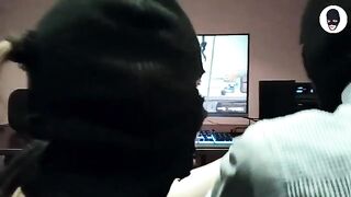 A woman plays a crazy deepthroat game with her man in a balaclava mask