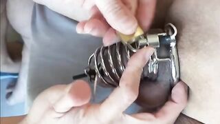 Femdom milking with chastity and e-stim play