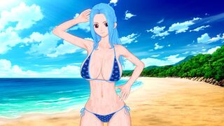 A busty woman named Vivi is having fun on the beach in this animated scene