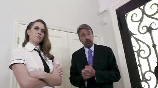 Pretty brunette Jill Kassidy makes a blowjob to three guys at once