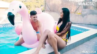 Skinny brunette teen Andreina Deluxe gets banged by the pool with huge dick