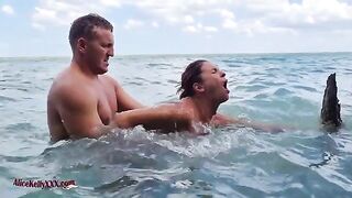 The couple has amazing sex right in the blue lagoon