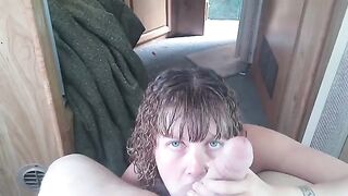 Lavender Joy receives a messy hot load in her mouth