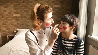 A hot mime show with a passionate and romantic twist, featuring intense kissing and pussy licking