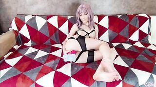 A petite teen, Lina Moore, masturbates with a dildo and it overflows