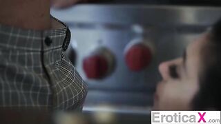 The pretty couple has a hot sex in the kitchen