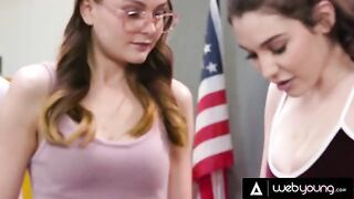 Two young girls fucked by a mature woman in a detention scene