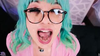 Sticky jizz on face with Little Puck's wild, cum-loving energy