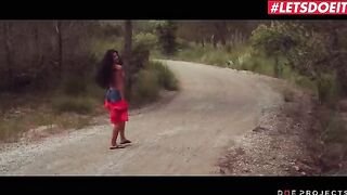 Petite brunette Alexa Tomas gets caught peeing in the street before giving a blowjob