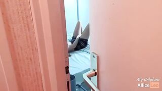 I spy on my half-sister as she rubs herself, then I offer her my cock and she accepts!