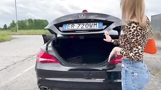 A hot girl buys a used car and fucks the seller in the car. Hot babe!