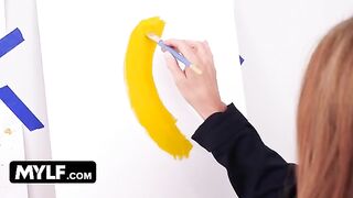Artistic MILF with huge boobs seduces her male nude painting model hard