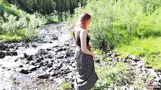 A sexy teen redhead tried to seduce a guy for sex outdoors