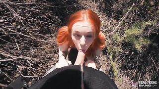 Ginger teen Madi Collins flashes her pussy and gets fucked outdoors hard