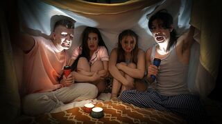 Naughty boys scare and fuck Aubrey Valentine and Penelope Kay in a spooky tale