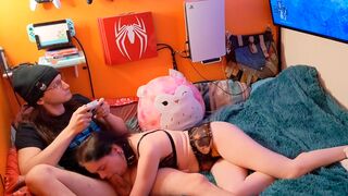 Gamer girl relaxes while playing Elden Ring with a blowjob, embodying the freeuse spirit