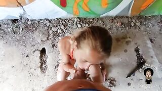A cute blonde is fucking with a guy in an abandoned building