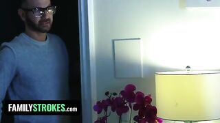 The stepdaughter pleased her stepdad while the stepmom was nearby
