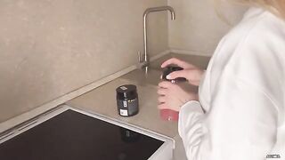 An insolent girlfriend gets fucked after throwing her legs on the table in the kitchen