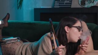 Nerdy girl with glasses gets her pussy eaten and fucked in 69 position