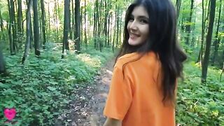 A hungry girl got sperm from a guy for lunch in the forest