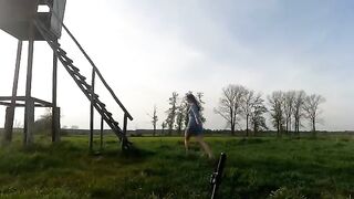 A Chihuahua was fucked in a hunting pulpit outdoors by a guy