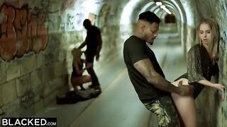 Blonde in ass to mouth action with BBCs in a public space