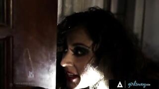 An investigator, Riley Reid, gets her pussy eaten by a hooker, Reena Sky, on the couch
