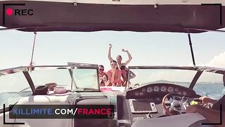 A sexy woman has sex with a man on the yacht