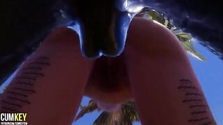 Two sexy girls are having fun with a monster in this 3D animated scene