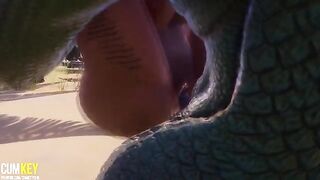 Two sexy girls are having fun with a monster in this 3D animated scene