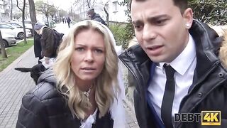The collector has sex with a blonde in front of her future husband, showcasing debt repayment