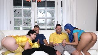 Two kinky stepdaughters in costume getting fucked by their daddies