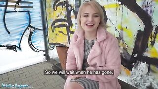 Public Agent picks up short haired blonde teen at the bus stop