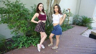 Step daughters Aliya Brynn and Jackie Rogen get father's cum swap