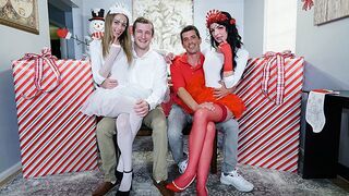 Two cute stepdaughters in costumes, Kyler Quinn and Alice Pink, get into a taboo Christmas swap