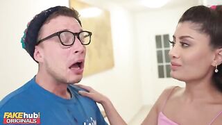A hot British Indian model gets her glasses covered with sperm and licks it