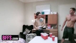 Two roommates shared their cocks with hot college girls Jessica Rex, Emma Starletto, and Paige Owens in a steamy dormitory orgy