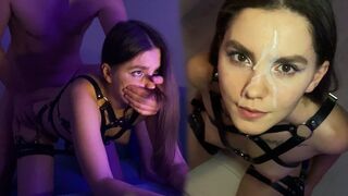 A pretty brunette with long hair has sex in a harness. Look at her pretty face covered with cum!