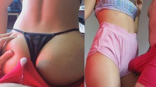 A man came in his jeans shorts cum after rubbing with a girl