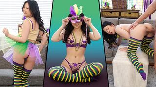 Petite Lulu Chu celebrates Mardi Gras with intense, passionate action
