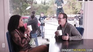 Ebony babe Paris The Muse gets her mouth used by ten cocks in a row