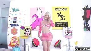 Skinny blonde takes a cum shot after getting fucked by Slimthick Vic
