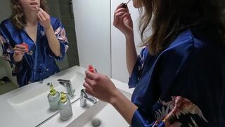 French beauty with big boobs gets banged in the bathroom early in the morning