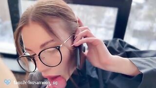 A hot slut talking on the phone with her husband while her friend fucks her hard