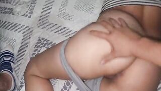 A hot chick notices her guy's cum in her mouth after they've had sex while he was wearing his pajamas